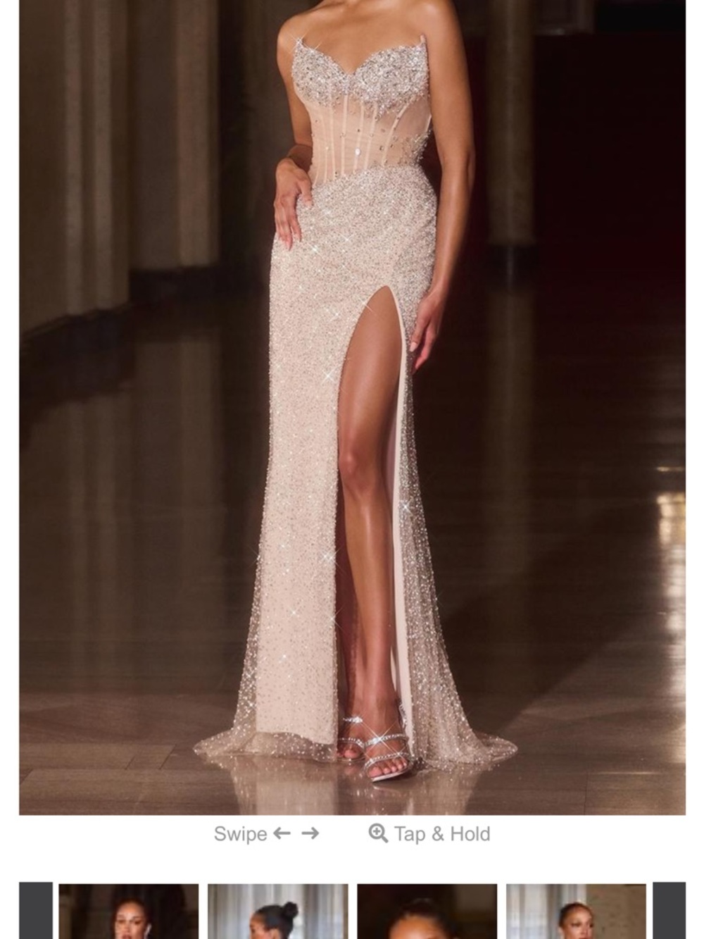 Strapless champagne Sequin Evening Gown with High Slit